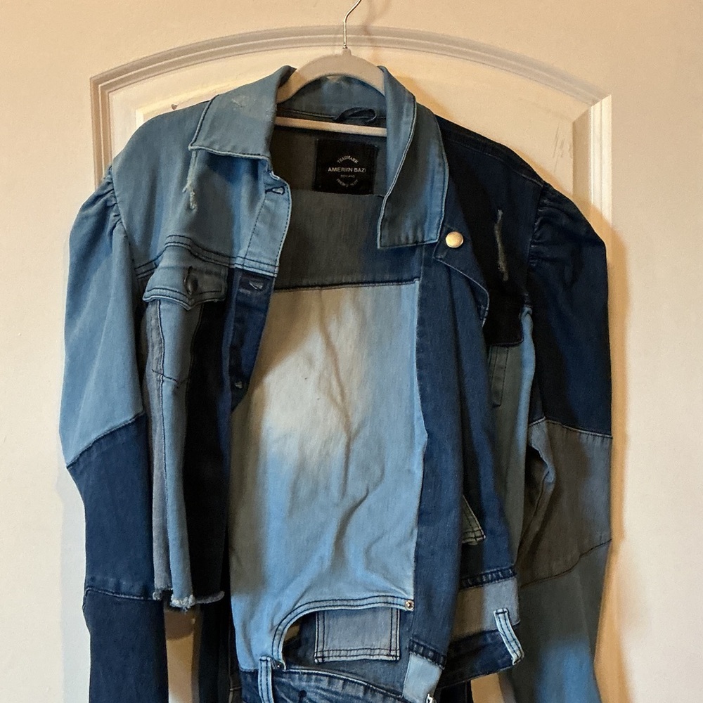 Rag Patchwork Two-Tone Denim Jacket and jeans in Light and Dark Blue